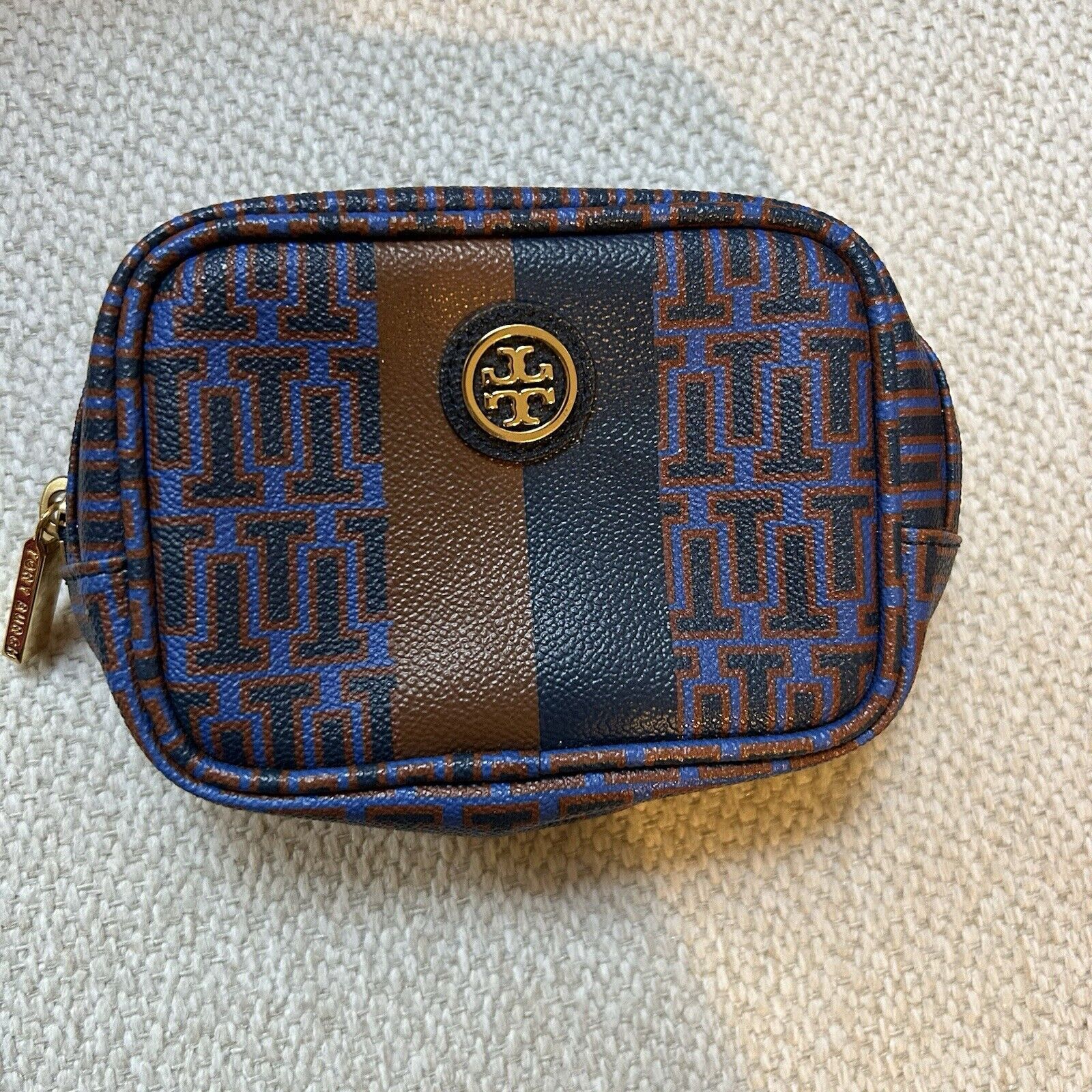Tory Burch Cosmetic Bag Brown Blue Leather T Logo Print Small Gold Zipper Preppy